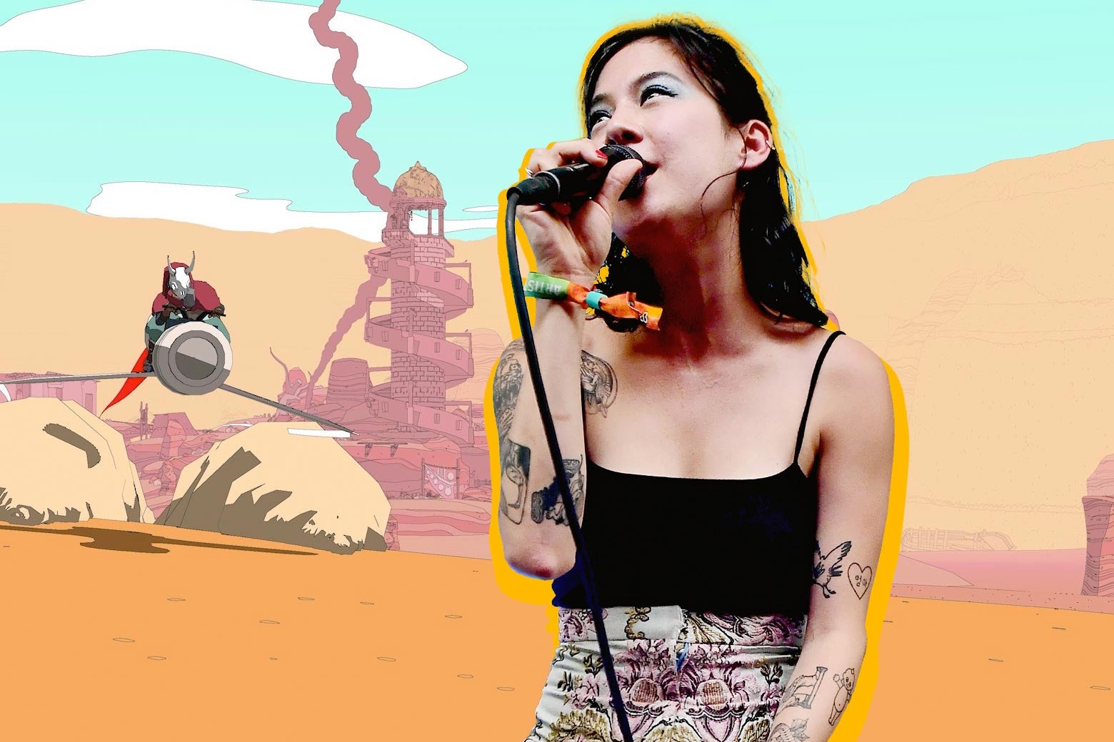 Michelle Zauner sings into a microphone. In the background is an image from the Sable video game.