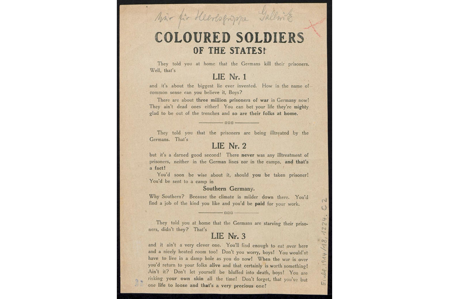 A world war I propaganda flyer; the text is transcribed below.