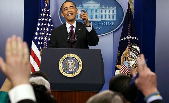President Obama calls on reporters during a news conference.