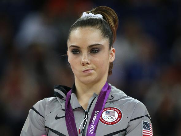 Kayla McMaroney poses with her silver medal on the podium of the women's vault final of the artistic gymnastics.