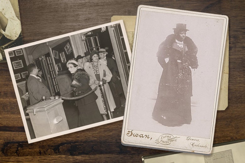 Two photos on a table show Black women dressed to the nines in fancy clothing. One woman is wearing a fur stole, ankle-length skirt and a lovely hat.