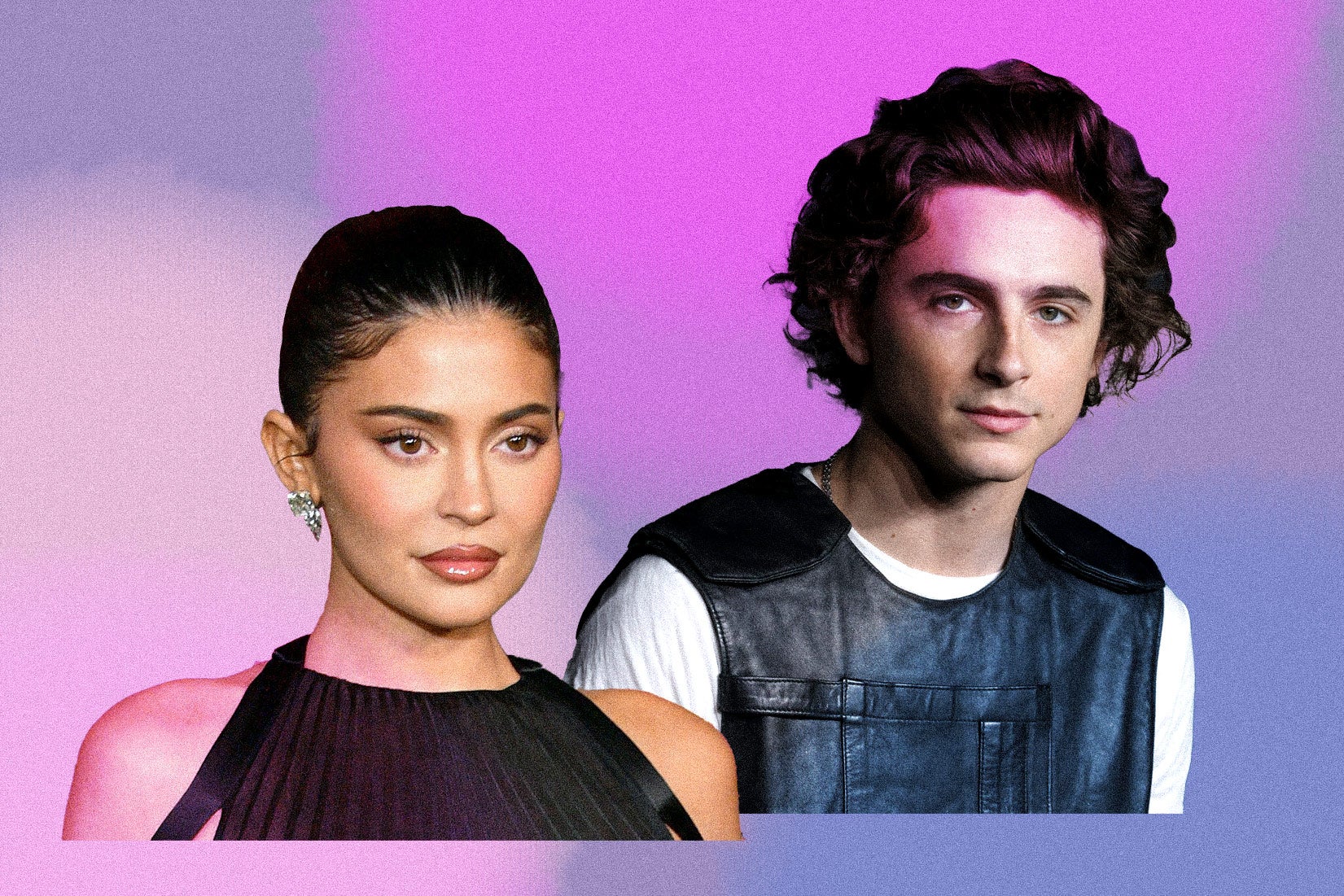 Collage of Kylie Jenner and Timothée Chalamet on a purple-pink background.