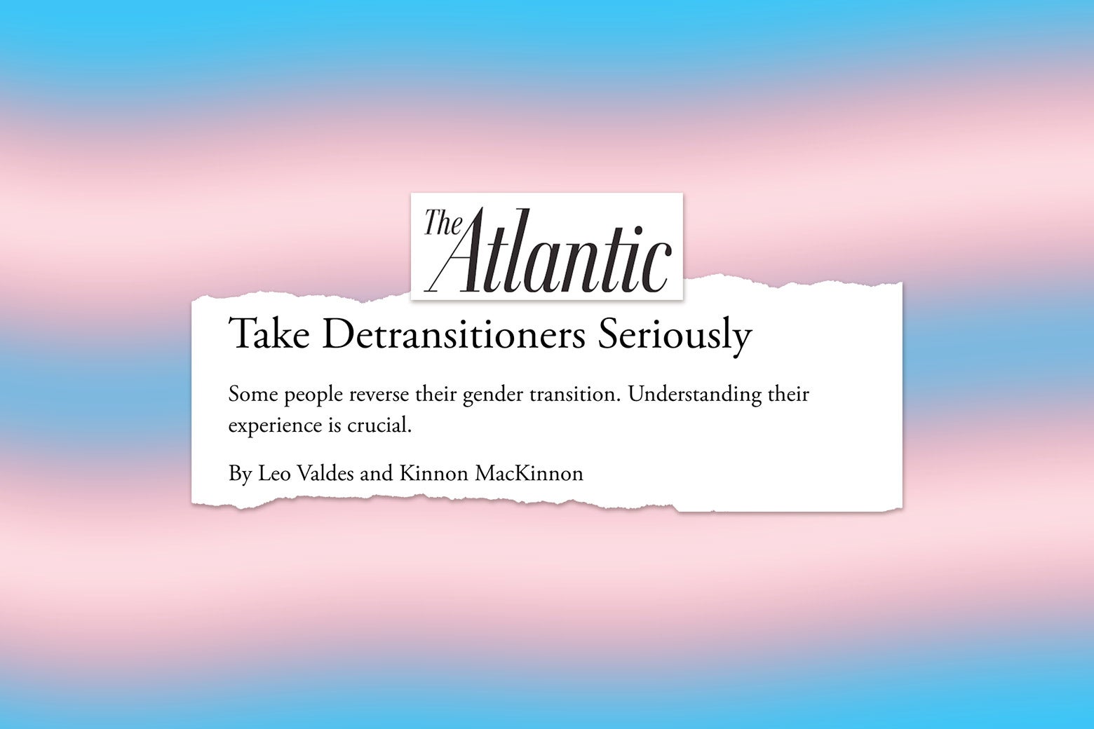 Screenshots from the Atlantic article against a trans flag background.