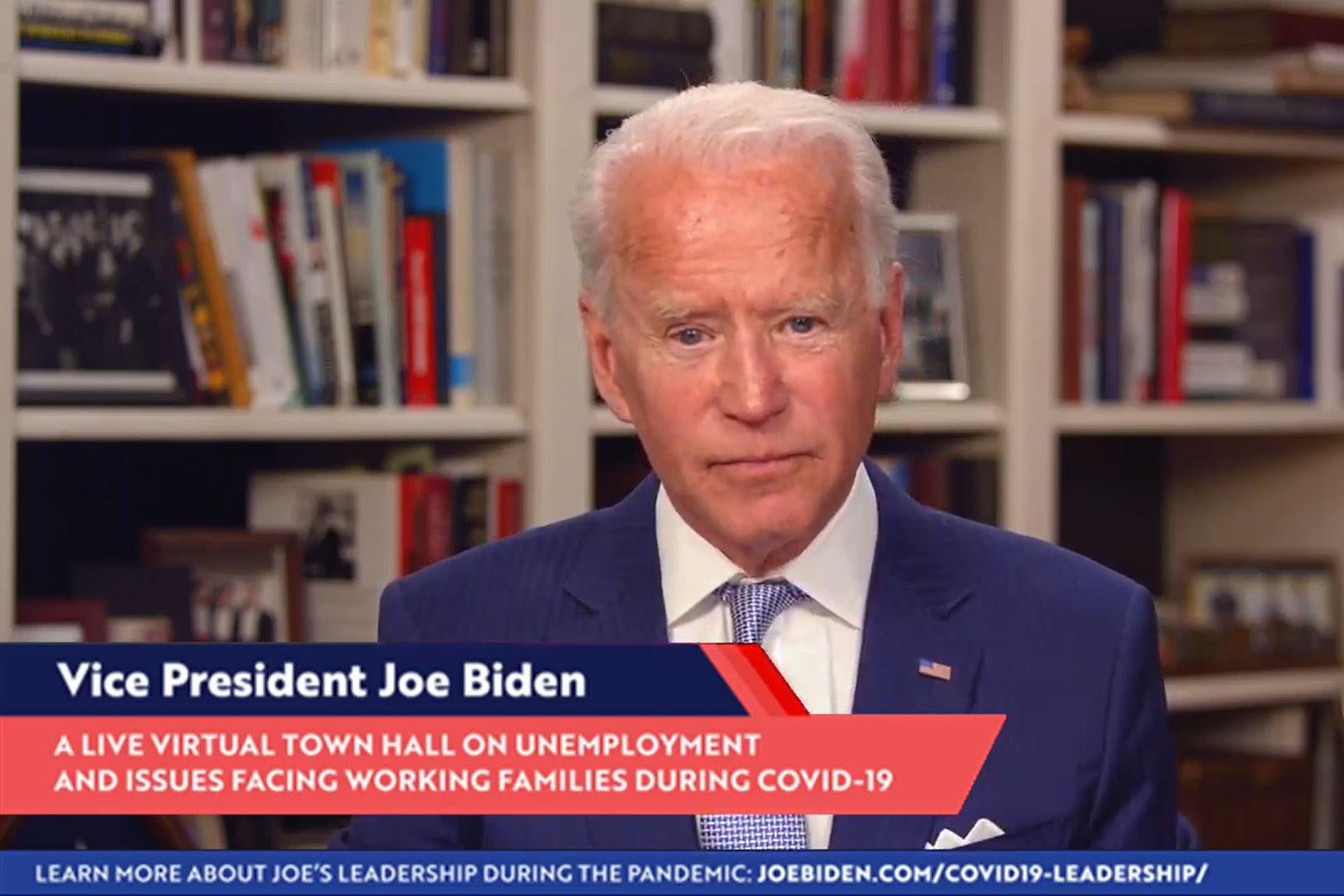 Screenshot of Joe Biden speaking from his home via video chat on April 8