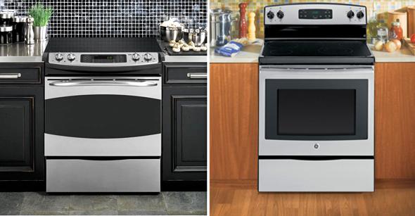 GE Profile™ Series 30" Slide-In Electric Range stove, left, and GE(R) 30" Free-Standing Electric Range stove.