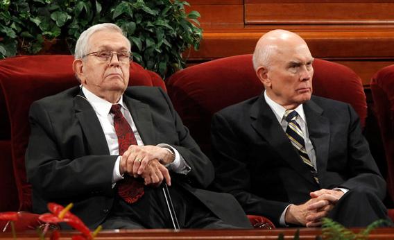 Boyd Packer, left, and Dallin Oaks, right, Apostles of the Church of Jesus Christ of Latter-day Saints, wait for the start of the first session of the 181st Semiannual General Conference in Salt Lake City, Utah.