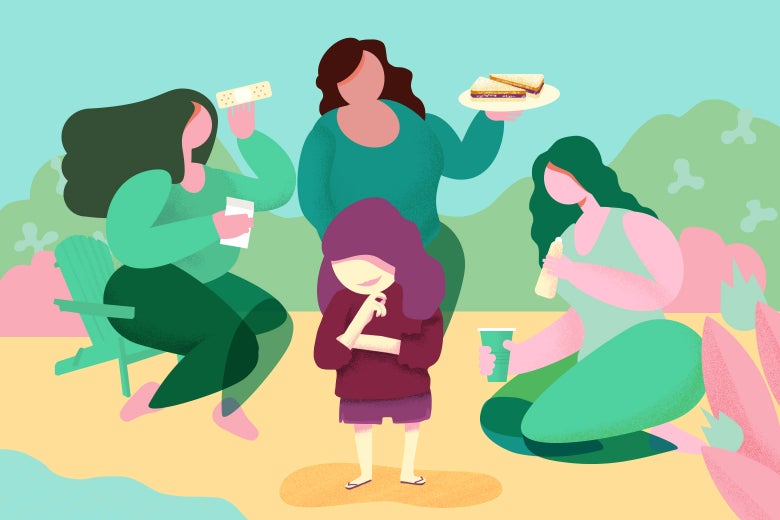 Drawing of three woman, with Band-Aids, a sandwich, and a plastic cup, around a girl at a beach.