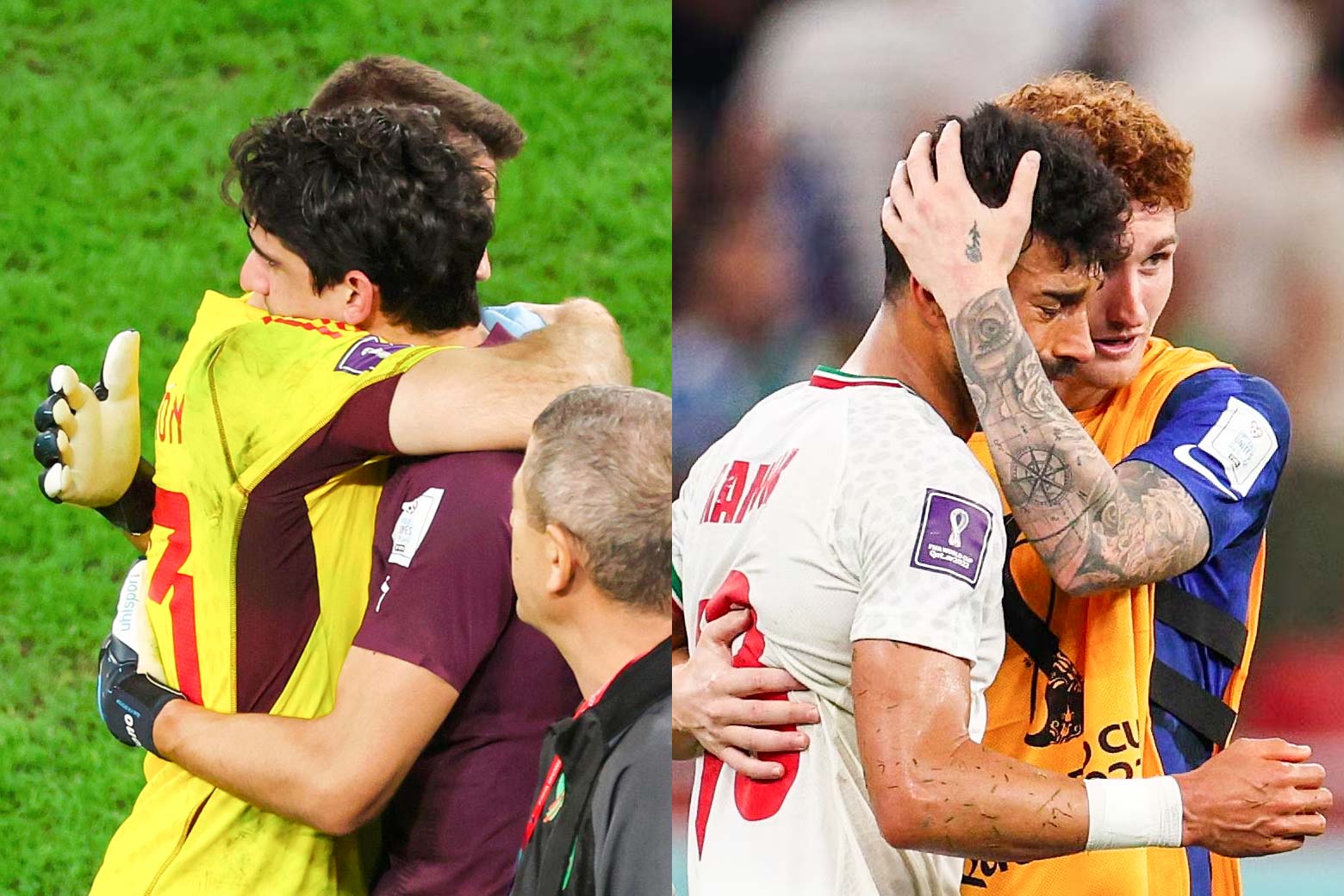 A collage of two images, from L-R: Yassine Bounou and Unai Simon hug and clap each other on the back. Josh Sargent hugs a crying Ramin Rezaeian and cups his head.