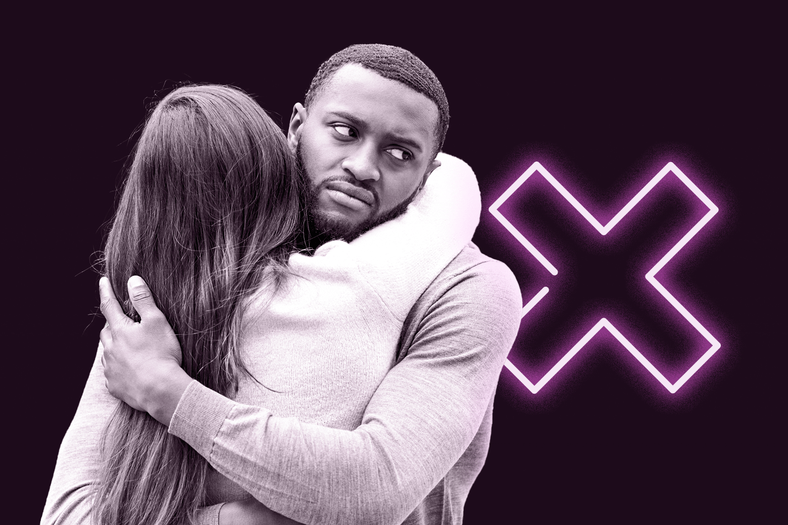 Man and woman hug but the man looks tired and disappointed. A large X floats next to them.