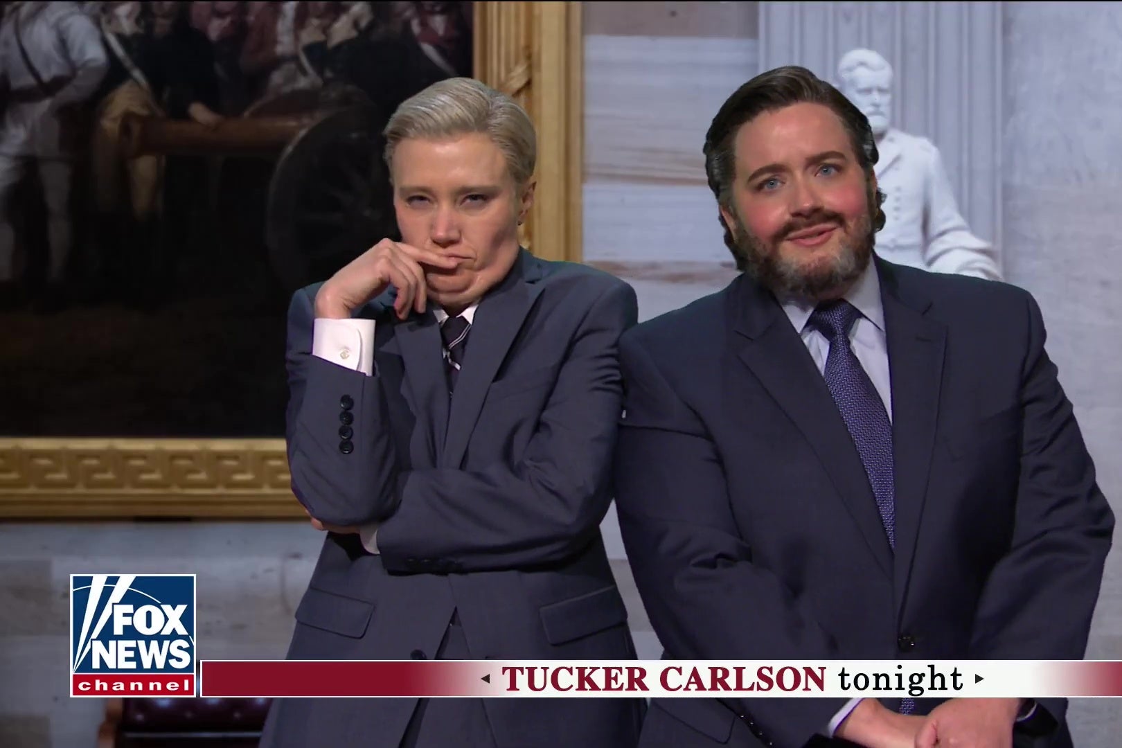 Kate McKinnon as Lindsey Graham and Aidy Bryant as Ted Cruz, in a stil from SNL.