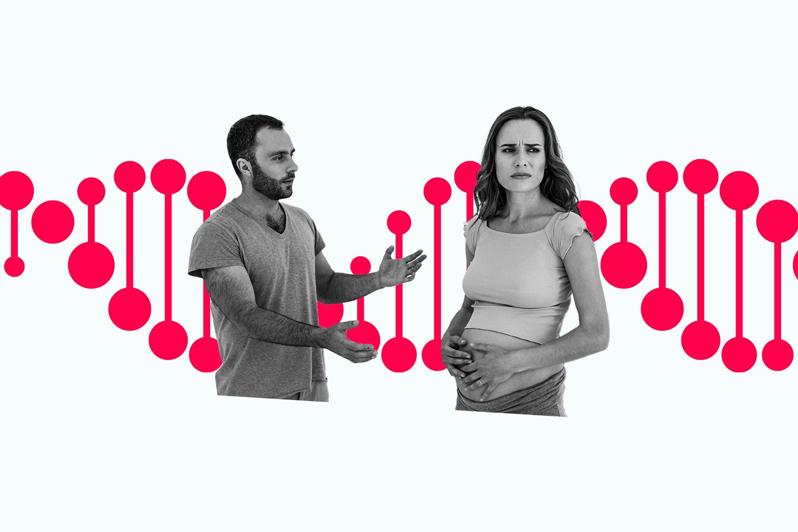 A man gestures a question to a pregnant woman, in front of DNA strand.