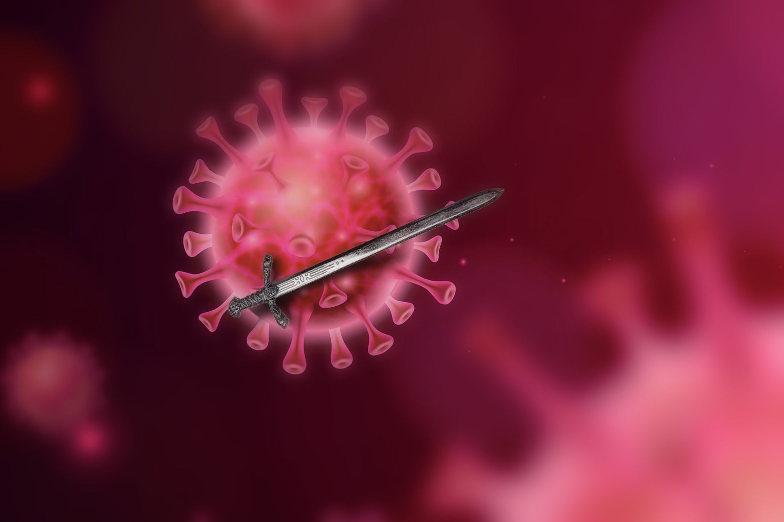 A pink Sars-CoV-2 virus brandishes a sword.