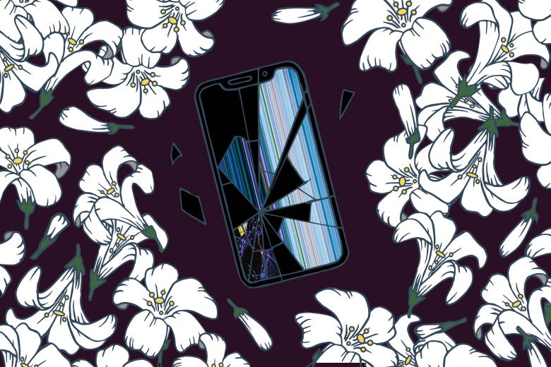 Flowers surround a cracked smartphone screen.