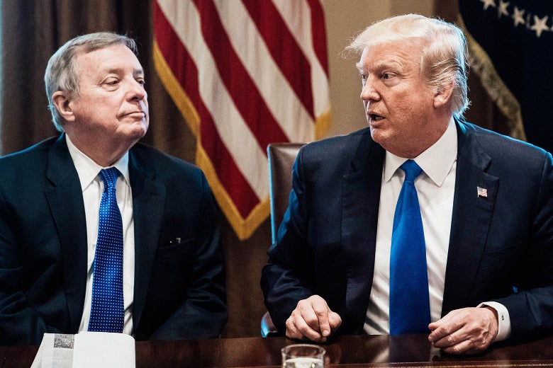 Senator Minority Whip Dick Durbin and President Donald Trump speak during a meeting with lawmakers on immigration policy in the Cabinet Room at the White House in Washington, DC Jan. 9, 2018.