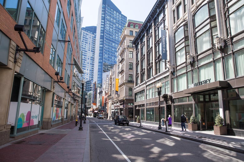 An empty street in a downtown Boston shopping area on March 26, 2020
