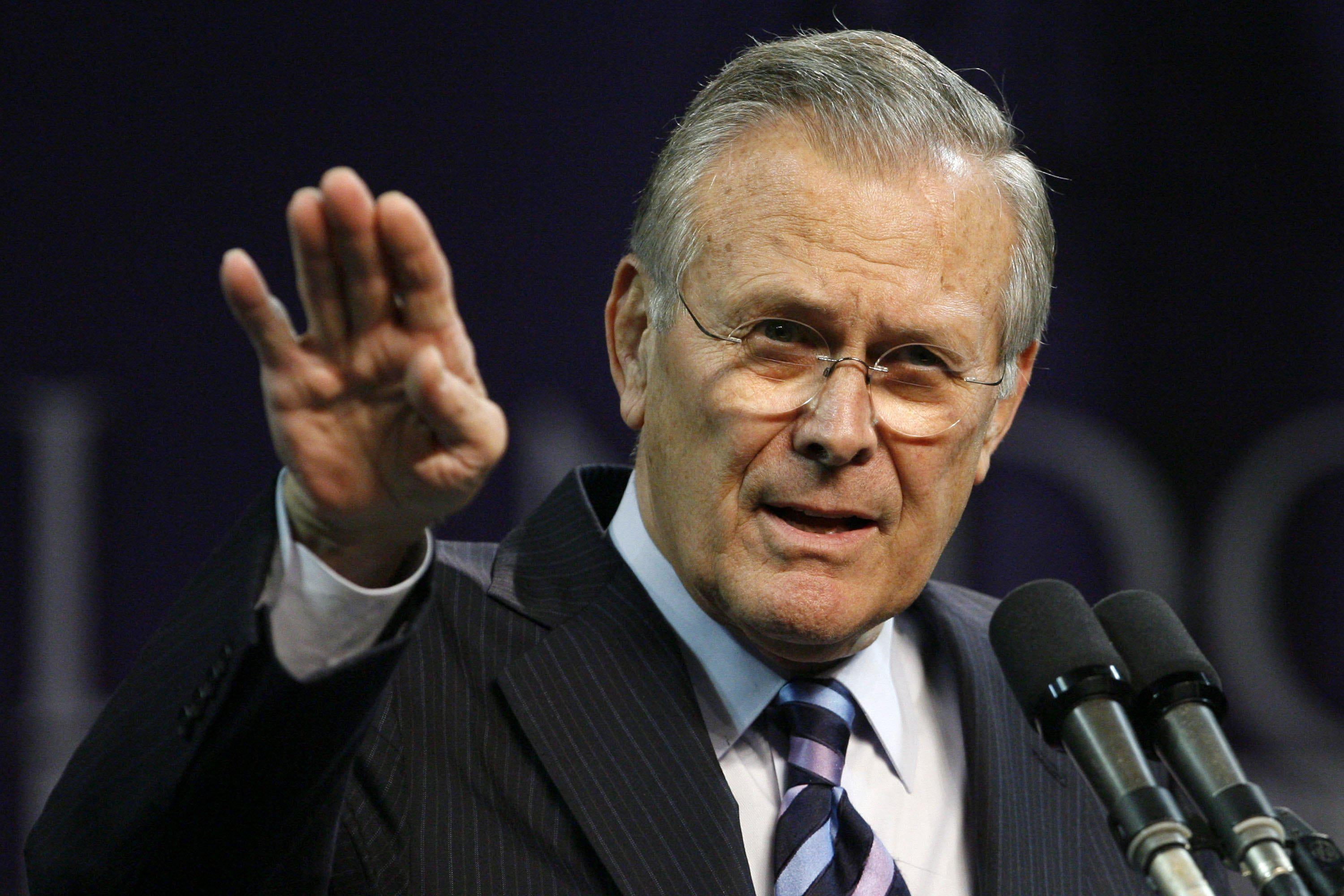 MANHATTAN, KS - NOVEMBER 9:  Outgoing U.S. Defense Secretary Donald Rumsfeld delivers the 146th Landon Lecture inside Bramlage Coliseum at Kansas State University on November 09, 2006 in Manhattan, Kansas. Rumsfeld resigned as Defense Secretary the day before giving the lecture at Kansas State University and will be replaced, if confirmed, by former CIA Director Robert Gates.   (Photo by Larry W. Smith/Getty Images)