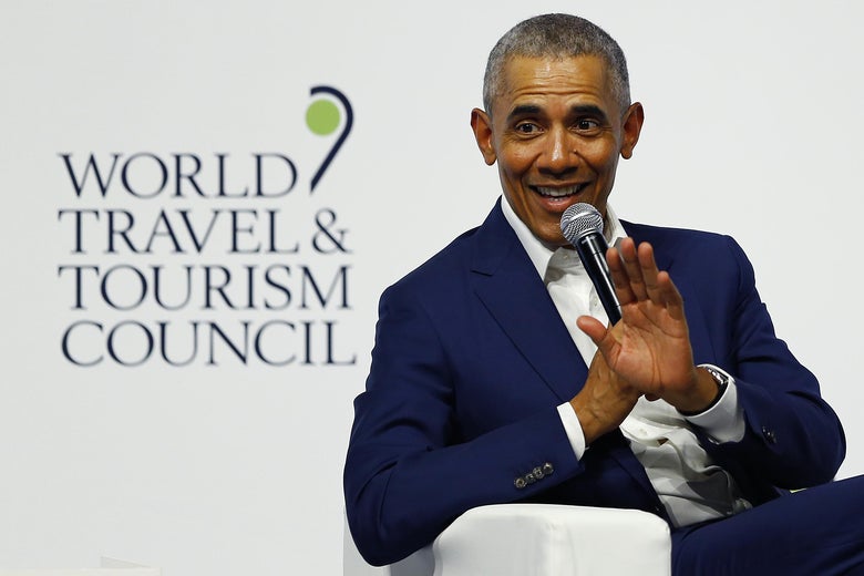 Former President Barack Obama speaks to the audience during the World Travel and Tourism Council Global Summit on April 3, 2019 in Seville, Spain. 