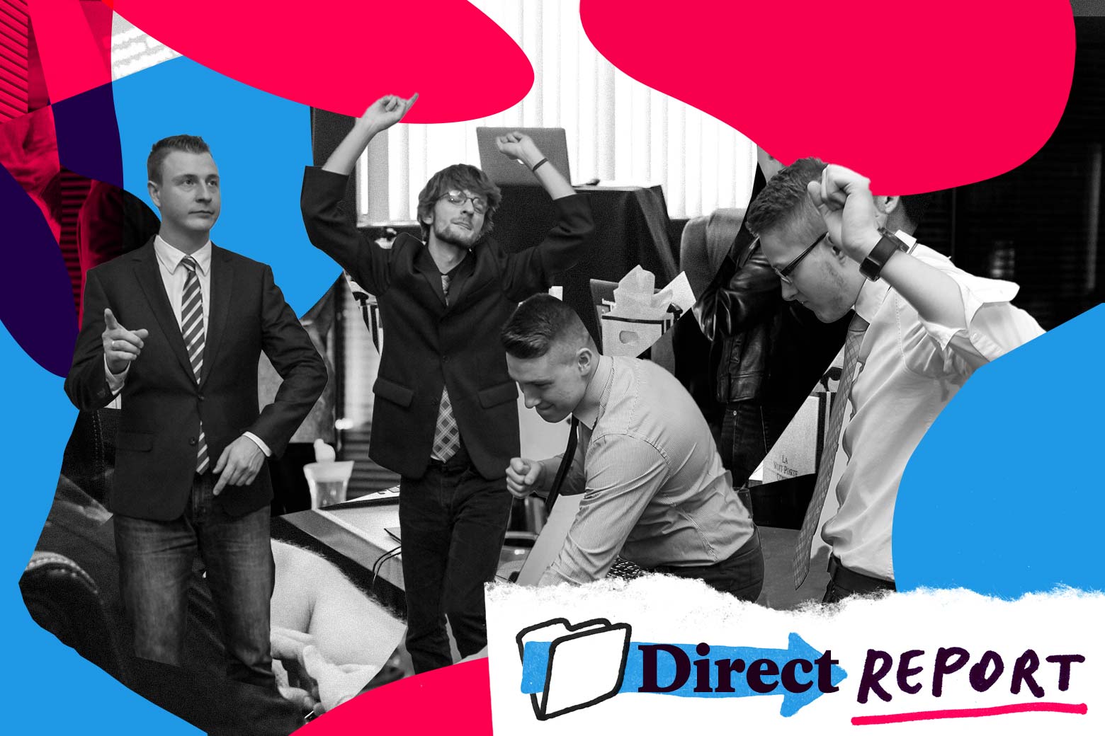 People wearing suits are raising their hands and cheering in an office. 