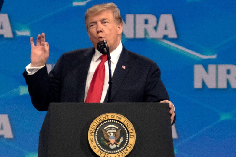President Donald Trump speaks during the National Rifle Association convention on April 26, 2019, at Lucas Oil Stadium in Indianapolis, Indiana. 