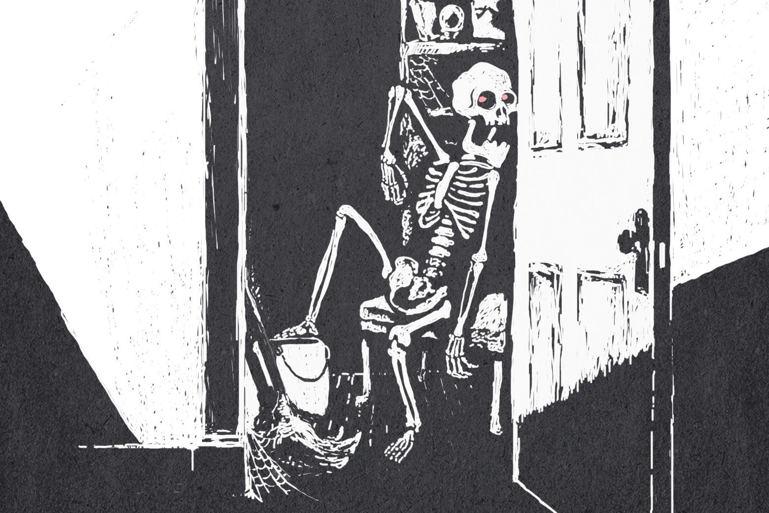 A skeleton pops out of an open closet door.