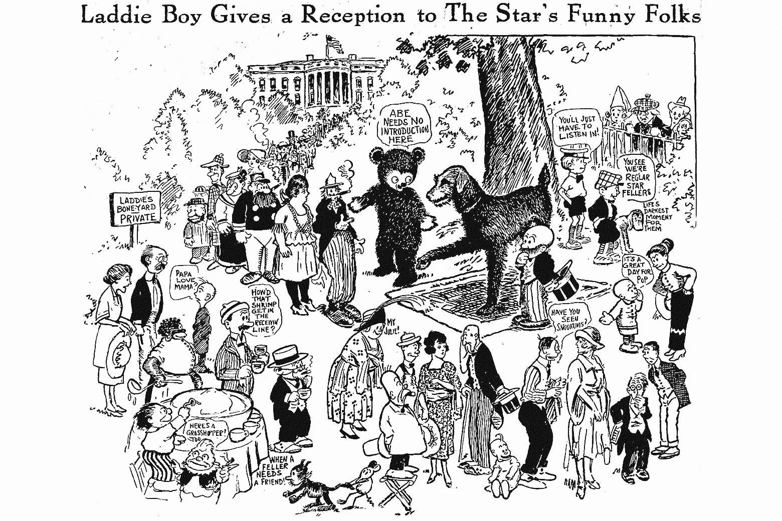 A drawing showing Laddie Boy shaking hands with a variety of 1920s comic strip characters.