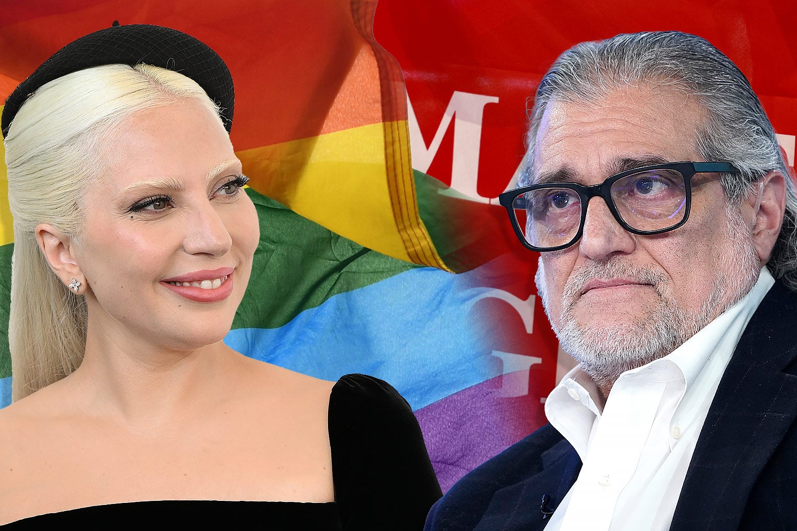 A photo illustration of Lady Gaga and her dad, Joe Germanotta, with a Pride flag and a MAGA flag behind them.