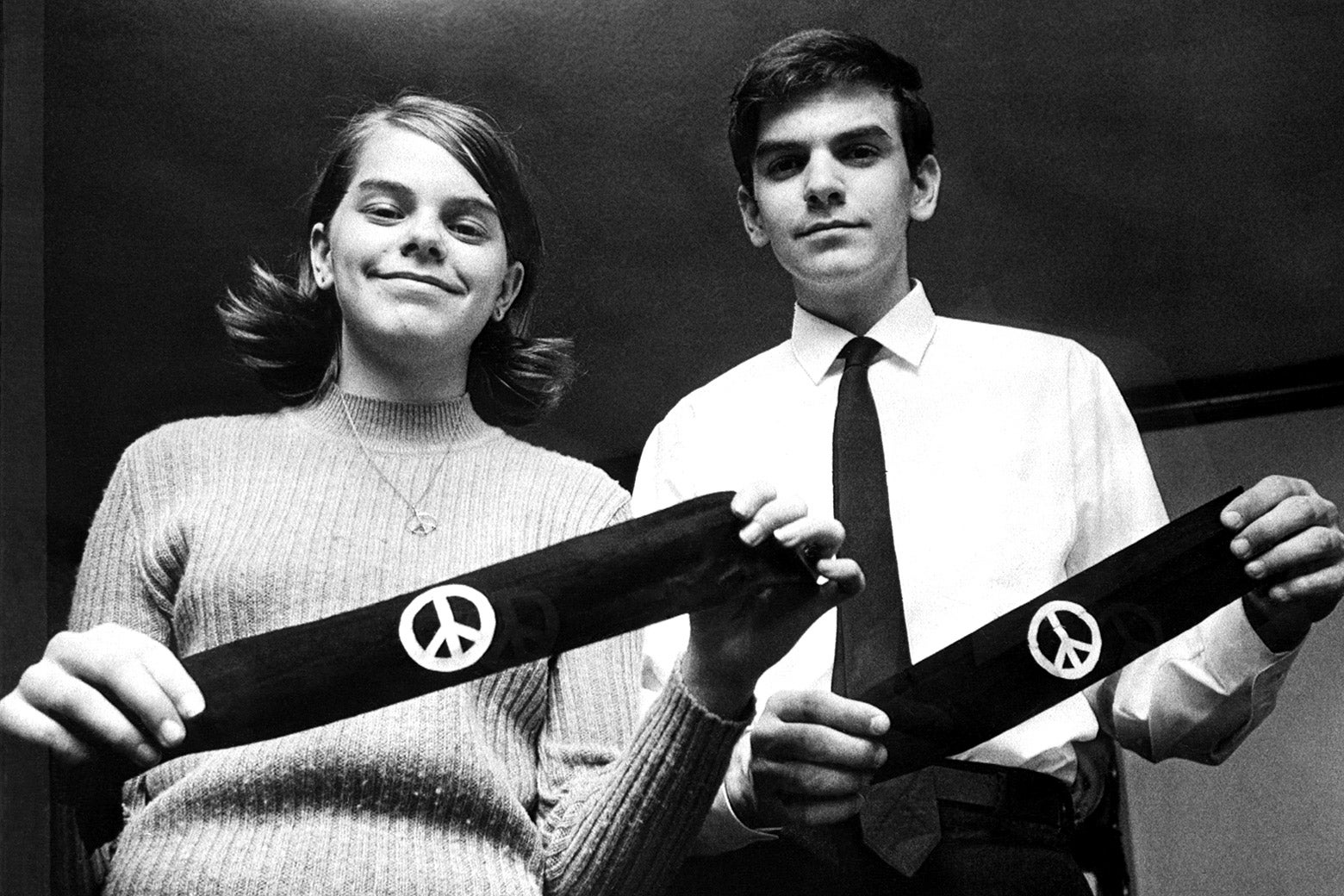 Mary Beth Tinker and her brother, John, display two black armbands, the objects of a U.S. Supreme Court case, in 1968.
