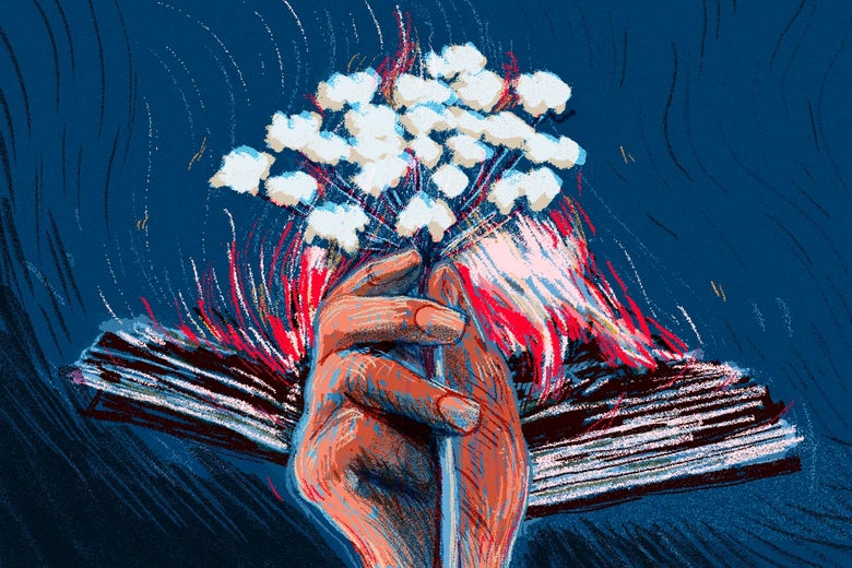 Hand holding a sprig of cow parsnip, in front of a burning book.