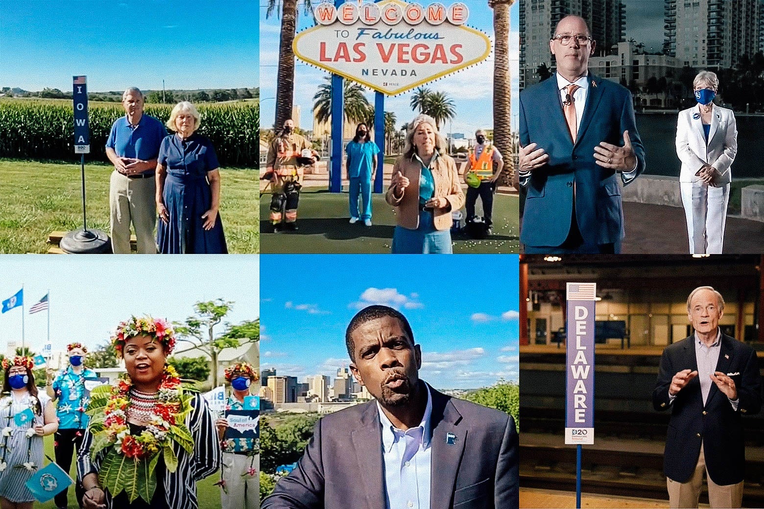 Two elderly people standing in a cornfield next to an Iowa sign; a woman in a jacket stands in front of a Las Vegas sign and a person in firefighter garb, a person in medical scrubs, and a person in a reflective vest; a man stands in front of a skyline and a woman in a white pantsuit; a woman in a flower crown and lei stands in front of several people wearing masks; a man in a suit jacket speaks in front of trees; an elderly man speaks in a train station in front of the tracks next to a Delaware sign.