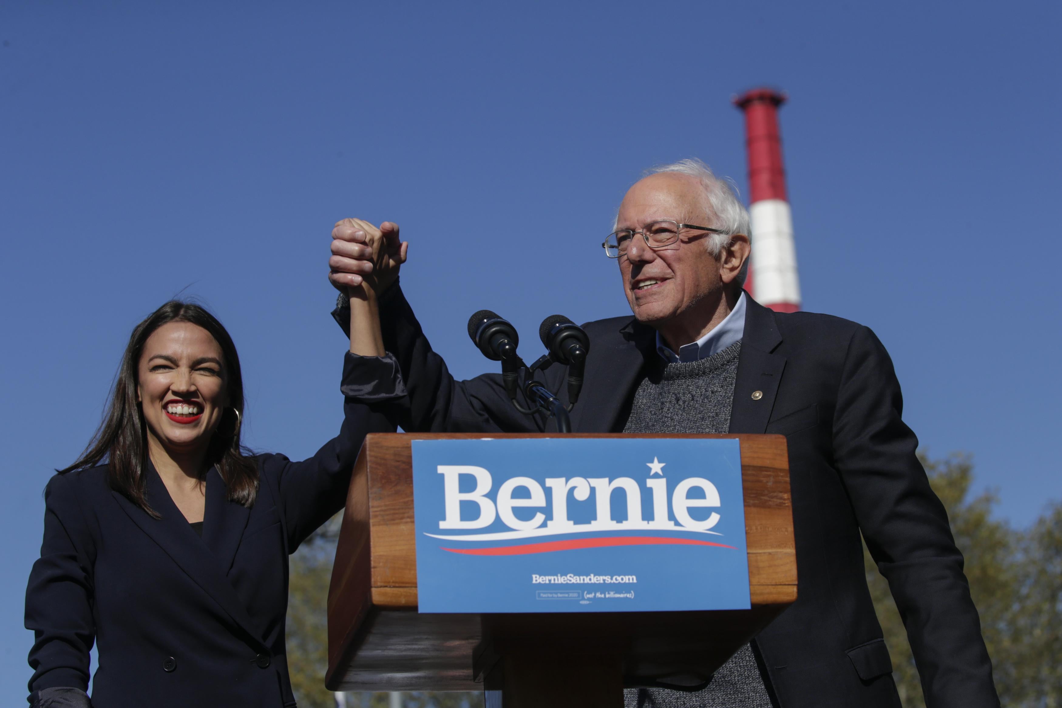 Rep. Alexandria Ocasio-Cortez (D-NY) endorses Democratic presidential candidate, Sen. Bernie Sanders (I-VT) at a campaign rally in Queensbridge Park on October 19, 2019 in the Queens borough of New York City. 