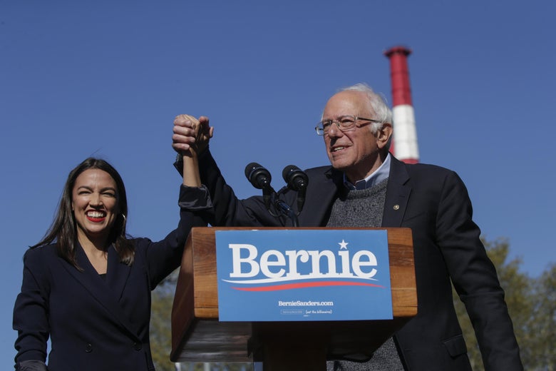 Rep. Alexandria Ocasio-Cortez (D-NY) endorses Democratic presidential candidate, Sen. Bernie Sanders (I-VT) at a campaign rally in Queensbridge Park on October 19, 2019 in the Queens borough of New York City.