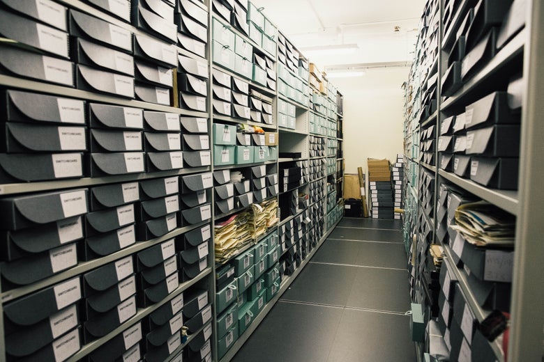 Shelves containing boxes of files