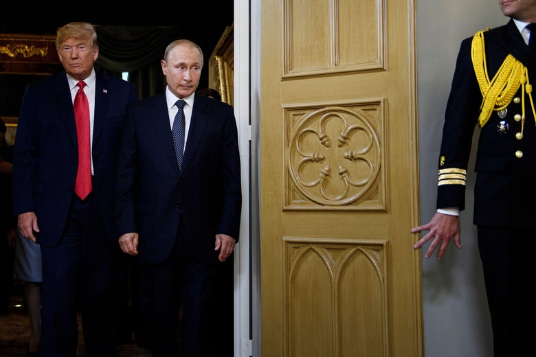 Trump and Putin walking through an ornate door with a soldier in full dress uniform standing beside it