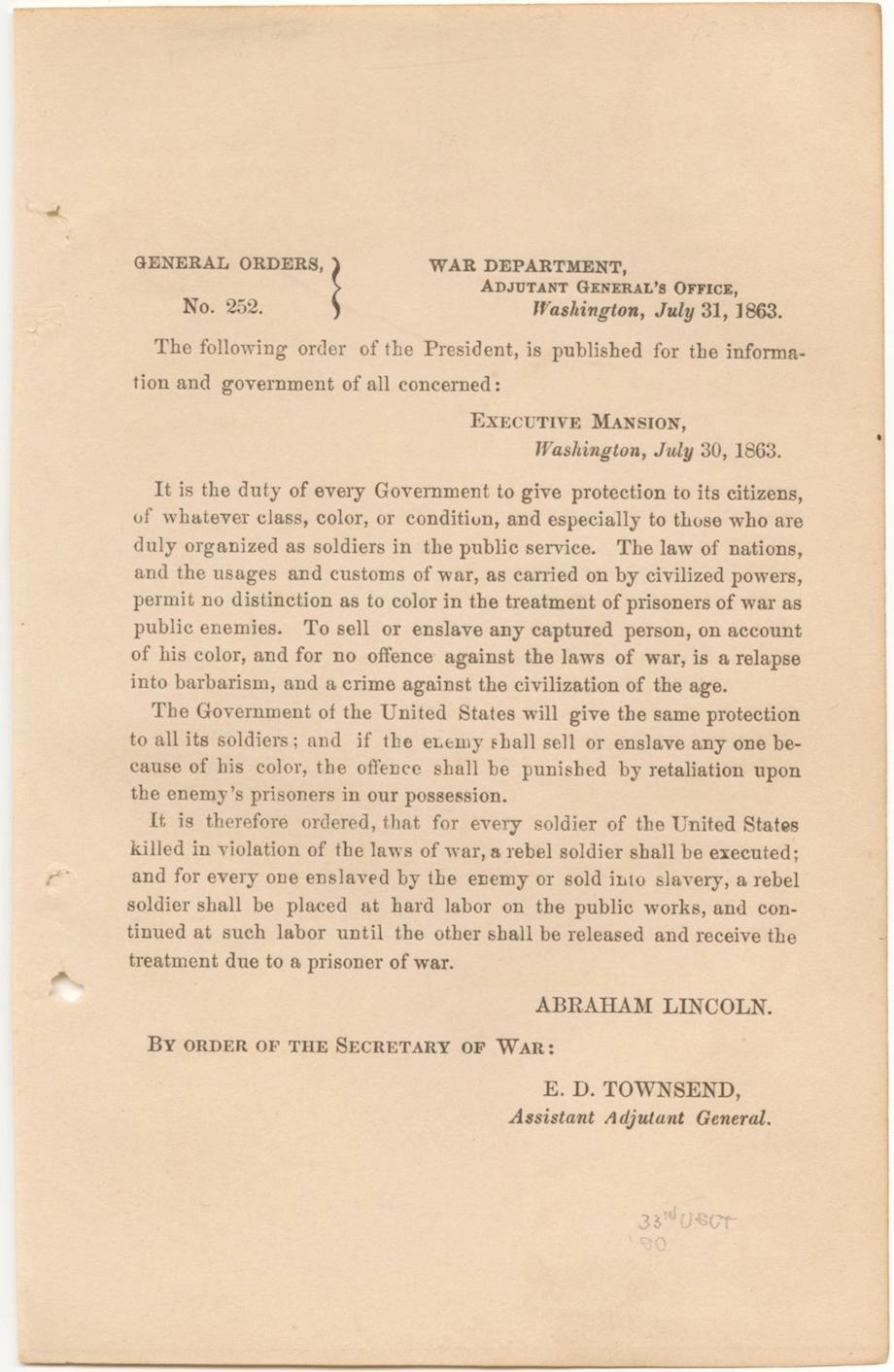 Abraham Lincoln: The president's general order to protect black POWs from  Confederate punishment.