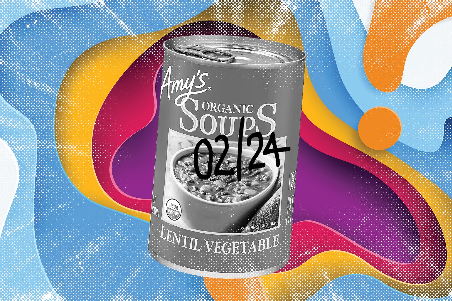 A can of soup amid a psychedelic swirl has a date handwritten on it in Sharpie marker. 