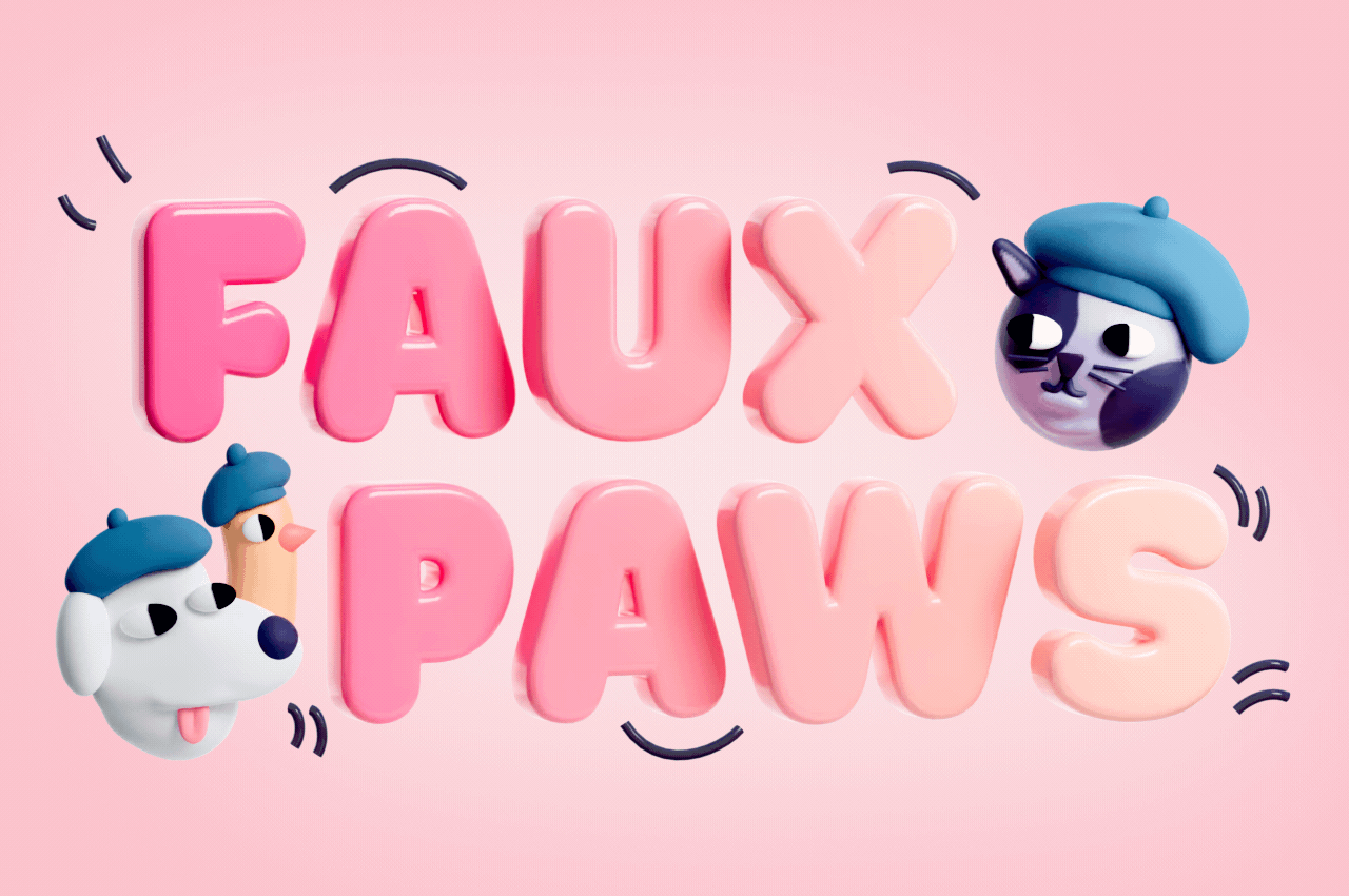 The words "Faux Paws" with pets wearing berets around it .