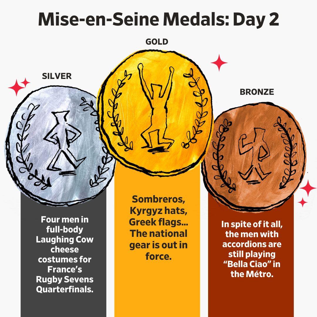 Gold: Sombreros, Kyrgyz hats, Greek flags… The national gear is out in force.
Silver: Four men in full-body Laughing Cow cheese costumes for France’s Rugby Sevens Quarterfinals
Bronze: In spite of it all, the men with accordions are still playing "Bella Ciao" in the Métro.