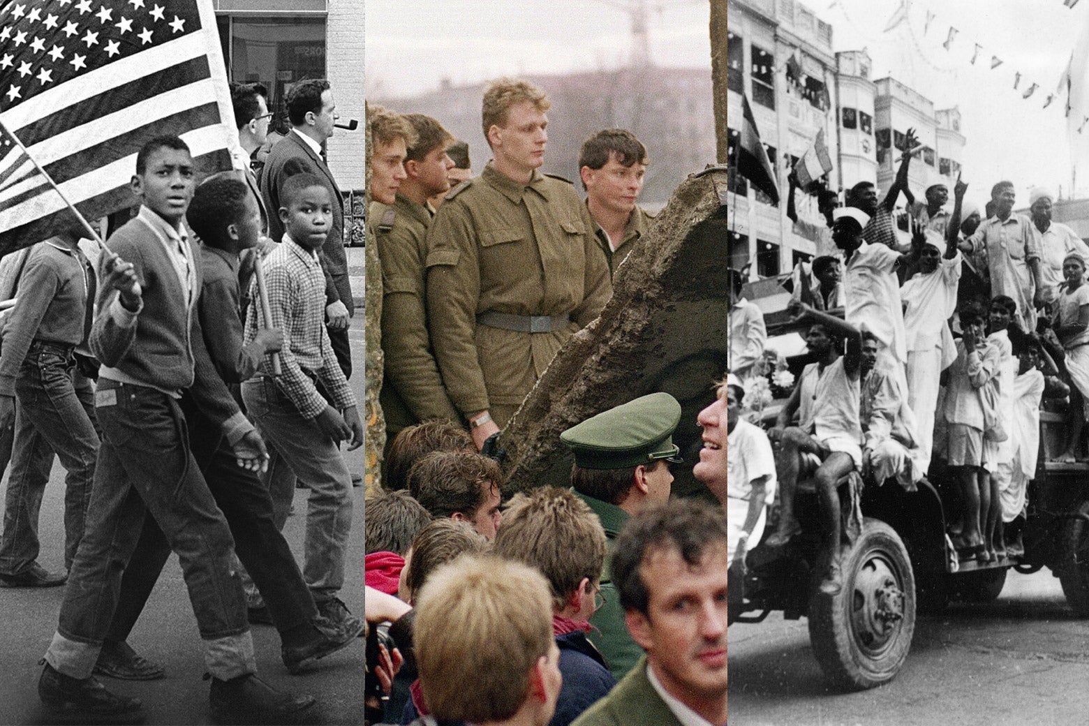 Three photos are shown side by side: A young kid walks with two other kids in a march, with two of them carrying American flags; soldiers and citizenry look at the fallen Berlin Wall; a group of Indians ride on a car and raise their fists.