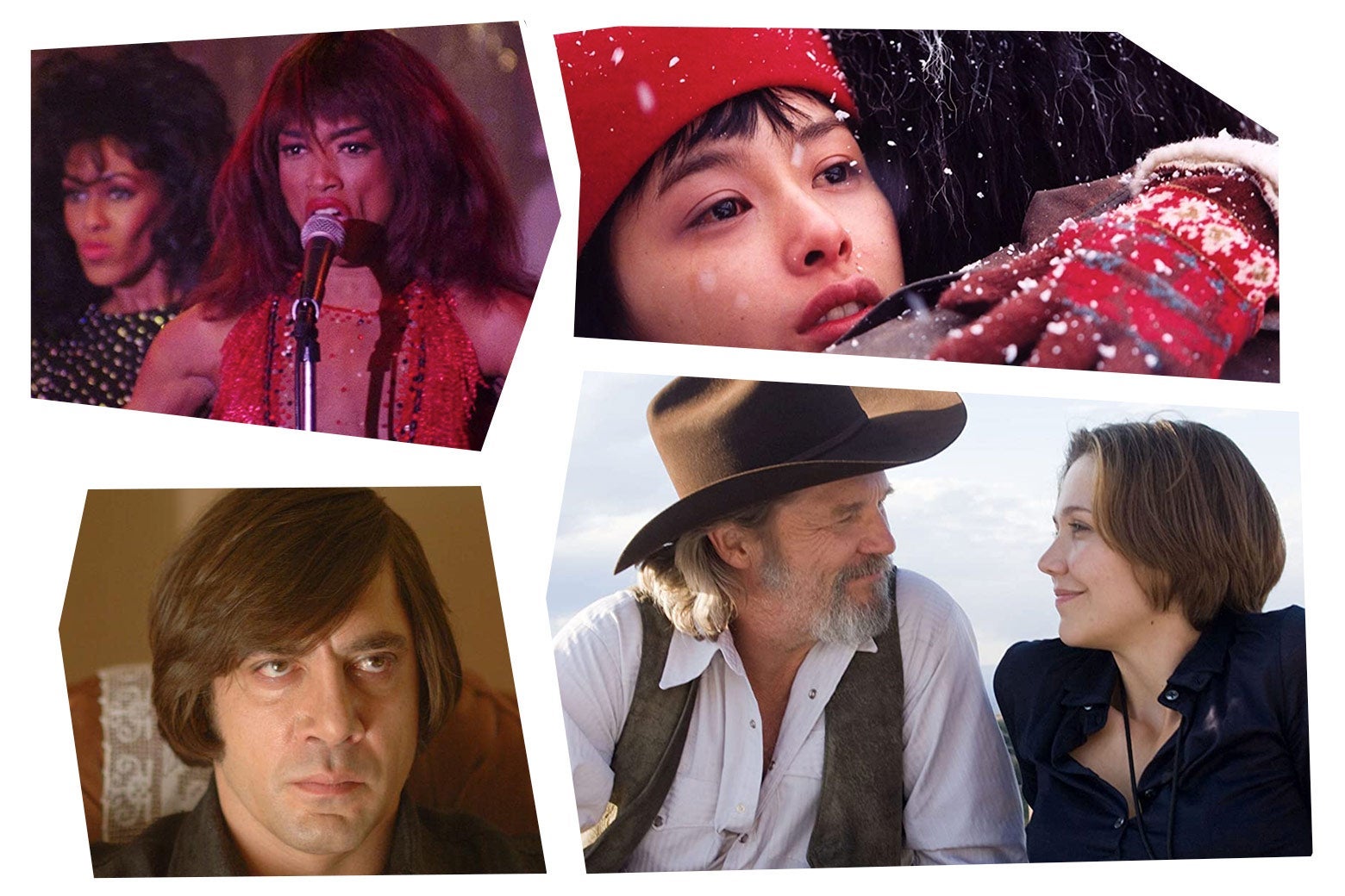 In the upper left corner, of Angela Basset singing from What's Love Got To Do With It; in the upper right corner, A still of a woman hugging someone while it's snowing from Oldboy; in the bottom left, a still of Javier Bardem looking straight faced from No Country for Old Men; in the bottom right, Jeff Bridges in a cowboy hat looking with a smile at Maggie Gyllenhaal who is returning his look with a smile from Crazy Heart. 