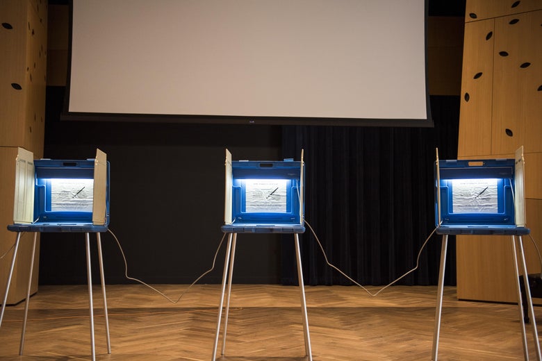 Three voting booths inside the Westminster Presbyterian Church in Minneapolis