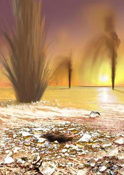 artwork of erupting carbon dioxide plumes on Mars