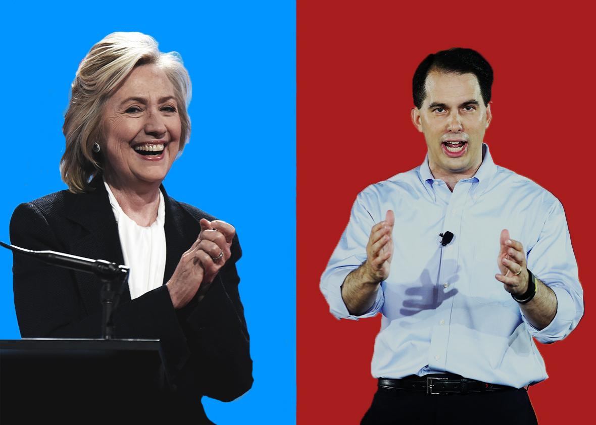 Democratic presidential candidate and former Secretary of State Hillary Clinton (R) speaks at the National Council of La Raza conference on July 13, 2015 in Kansas City, Missouri. Wisconsin Governor Scott Walker (L) announces to supporters and news media gathered at the Waukesha County Expo Center that he will seek the Republican nomination for president on July 13, 2015 in Waukesha, Wisconsin. 