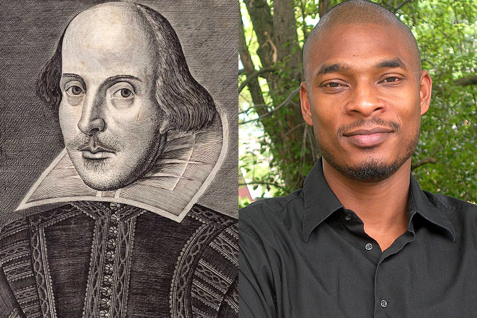 Side-by-side photo illustration of poets William Shakespeare and Terrance Hayes