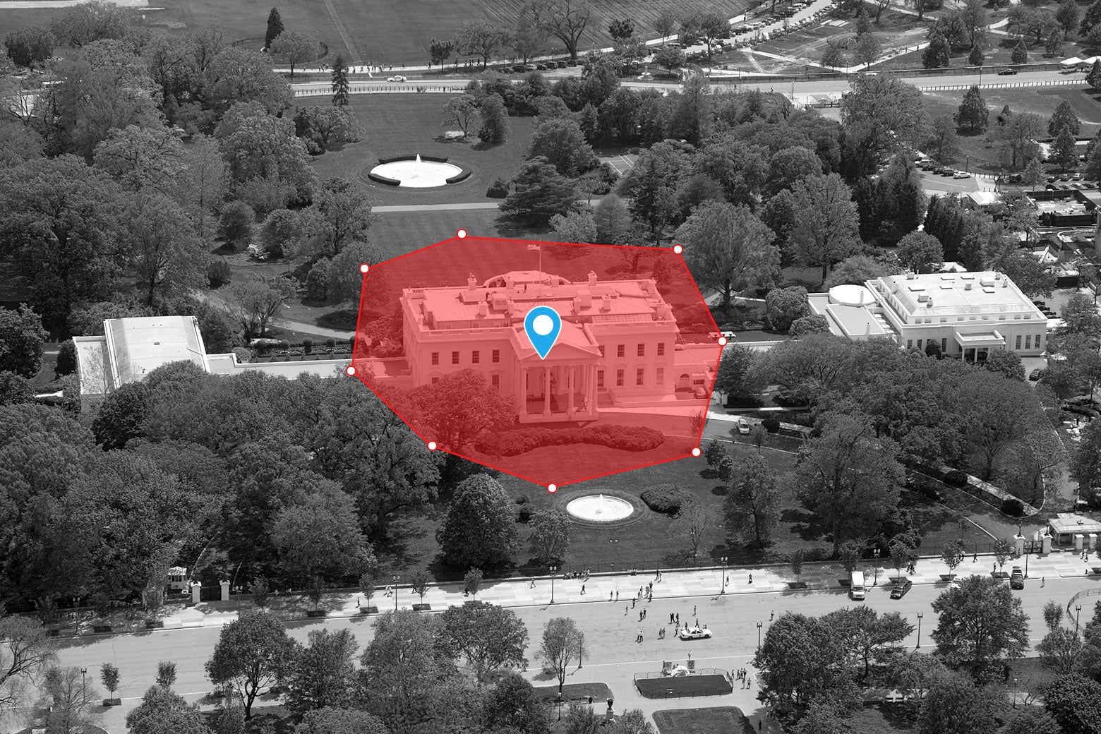 White House with geofence lines drawn around it