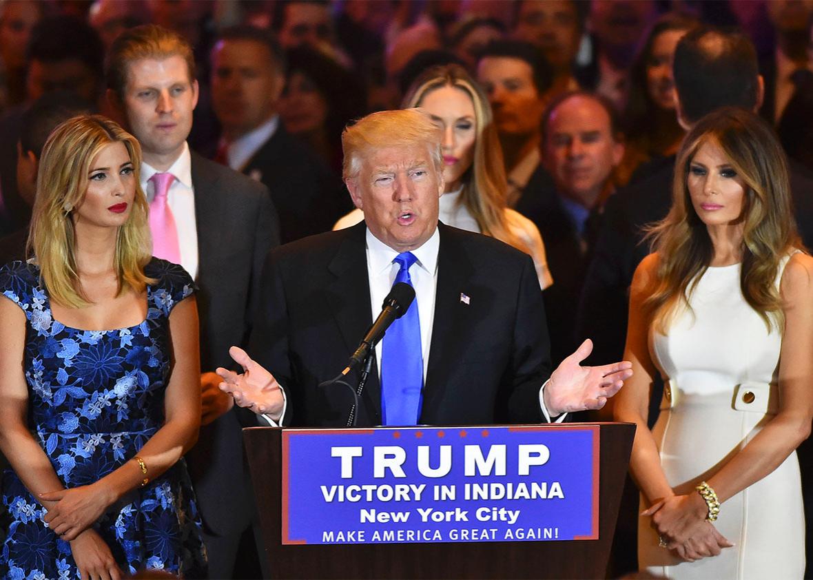 Surrounded by his supporters and family, Republican presidential candidate Donald Trump addresses the media at Trump Tower following primary election results on May 3, 2016 in New York, NY. 