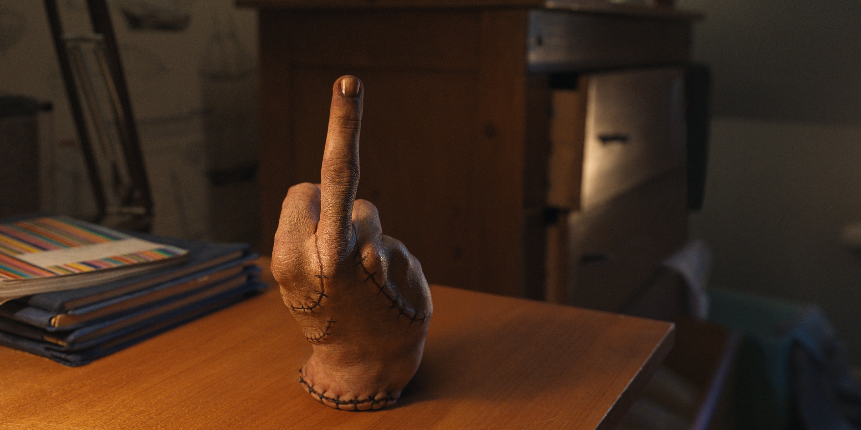 A disembodied hand with the middle finger raised.