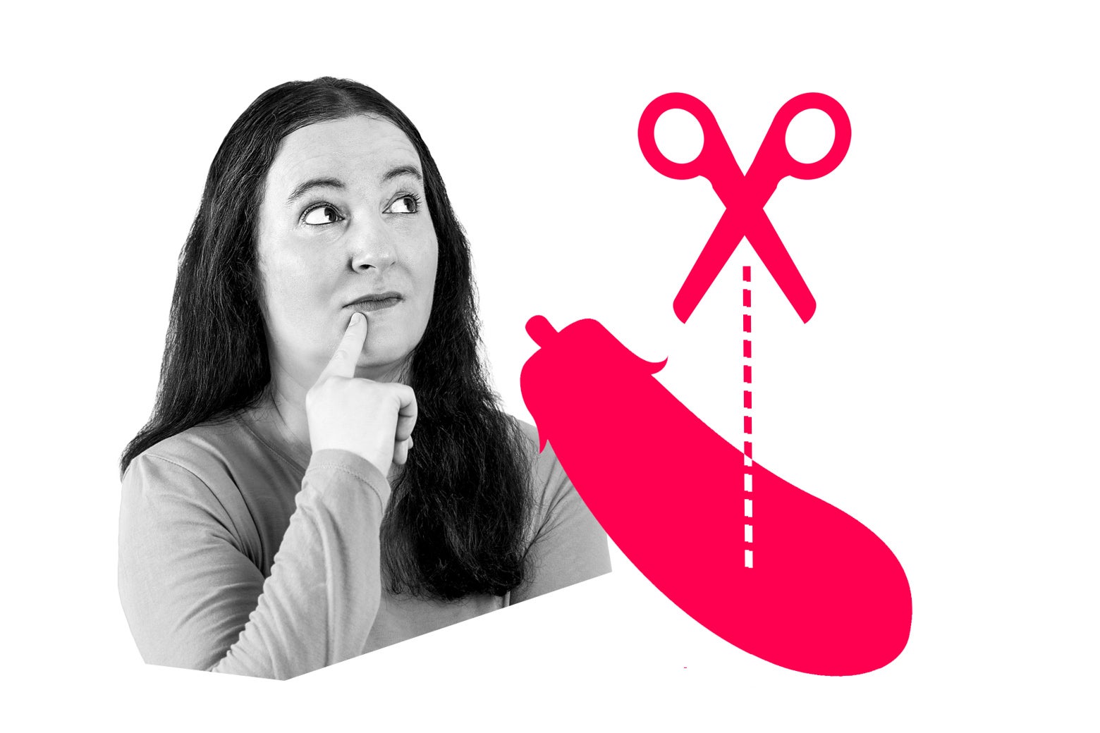 A woman looks quizzically at an illustration of an eggplant and scissors.