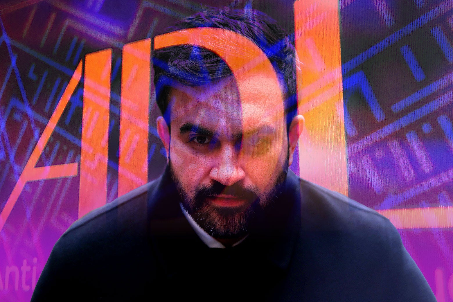 A collage of a serious-looking Zohran Mamdani with the ADL logo projected on top of him.