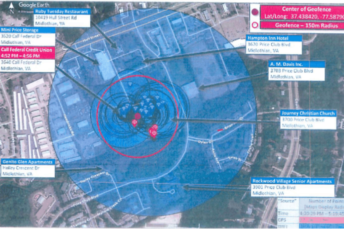 Overlapping geofence circles overlaid on a Google Earth map of a bank with surrounding points of interest labeled
