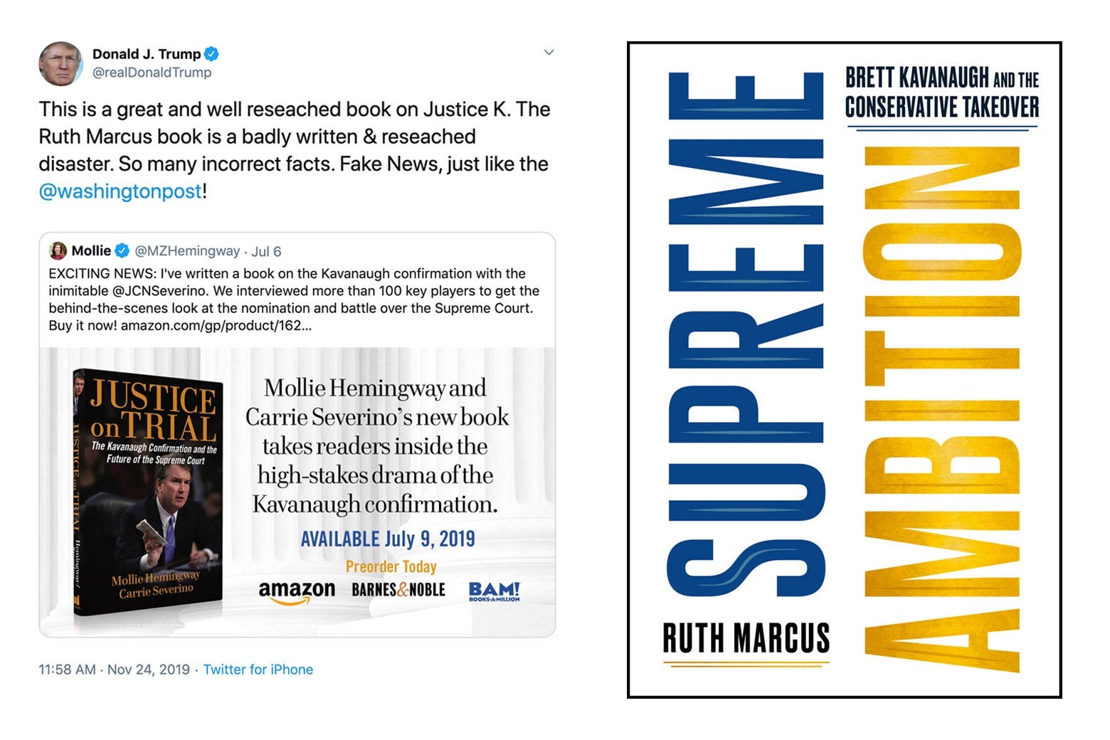 Donald Trump’s tweet about Ruth Marcus’ book and the cover of her book.